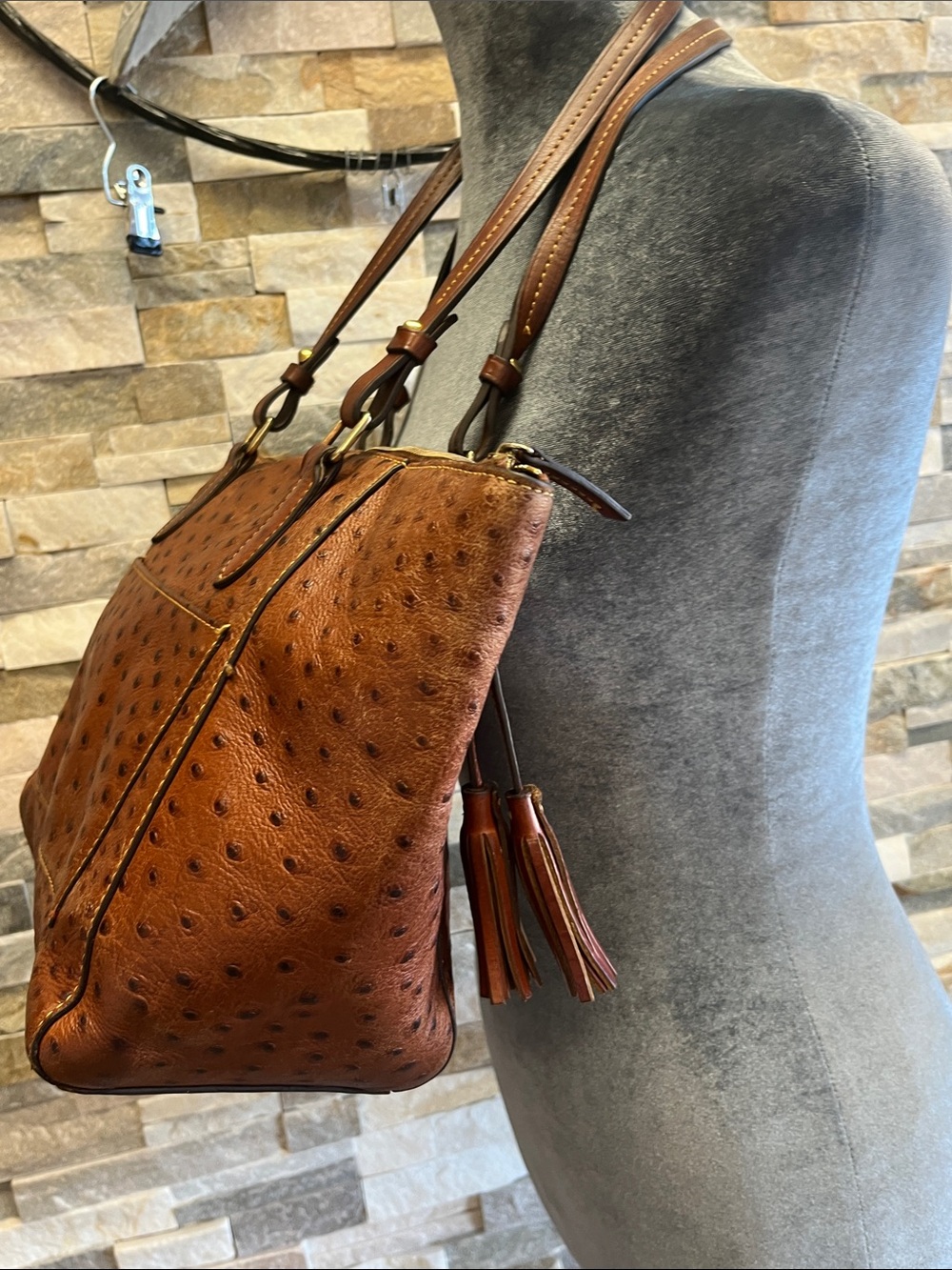 Dooney & Bourke Brown Ostrich-Embossed Leather Tote with Tassel - Picture 6 of 16